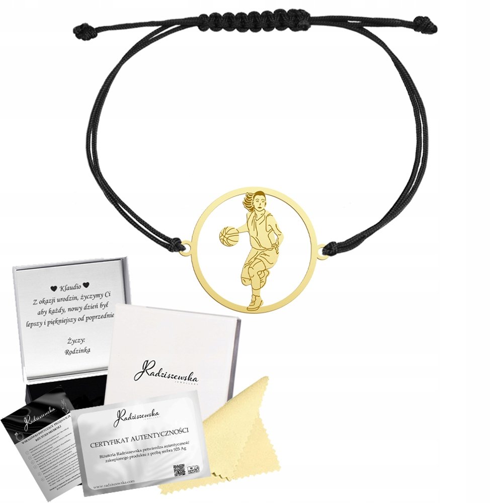 Bransoletka Złota Koszykówka Koszykarka SREBRO 925 Sznurek Prezent GRAWER