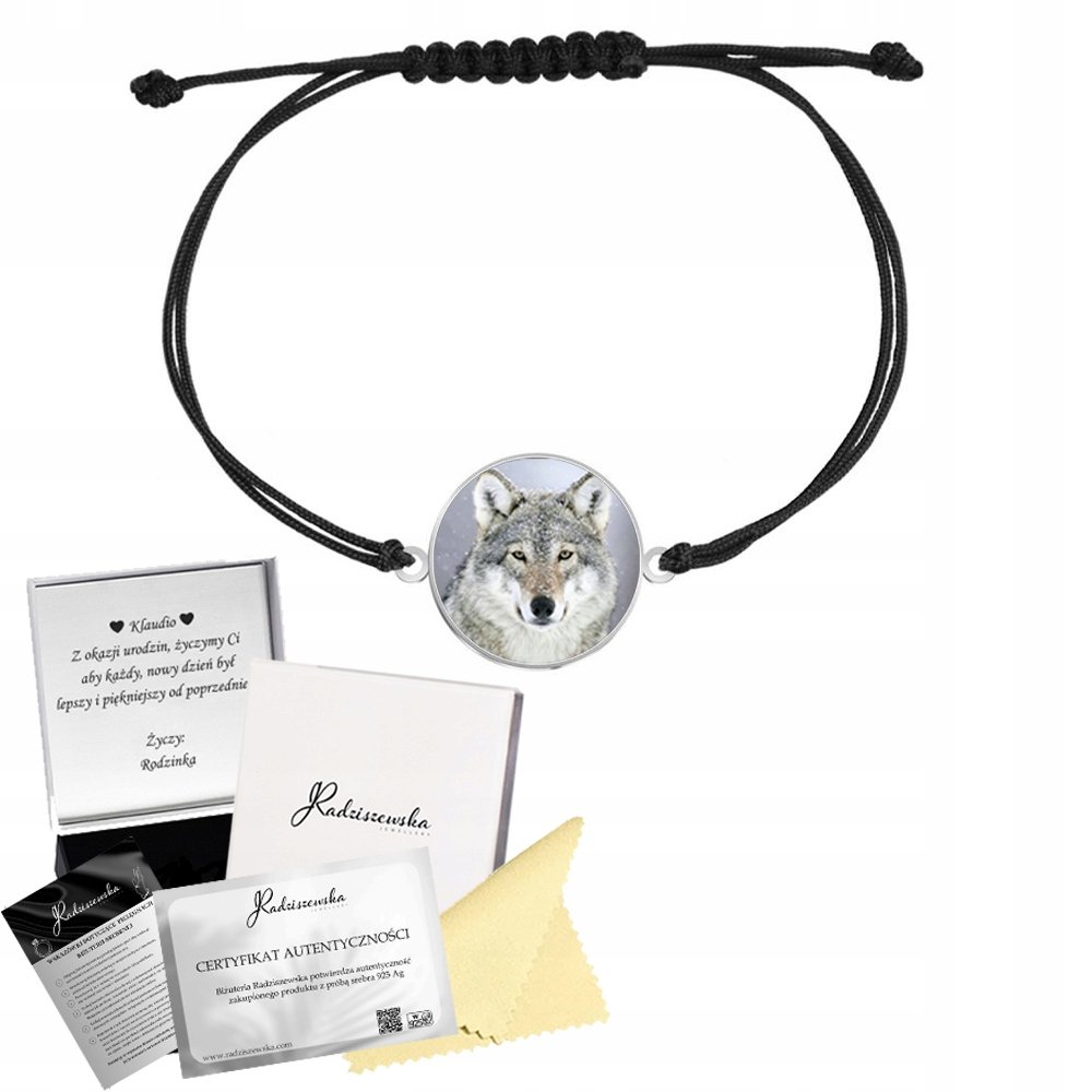 Bransoletka Srebrna Wilk Zdjęcie Foto Biżuteria Sznurek 925 GRAWER GRATIS