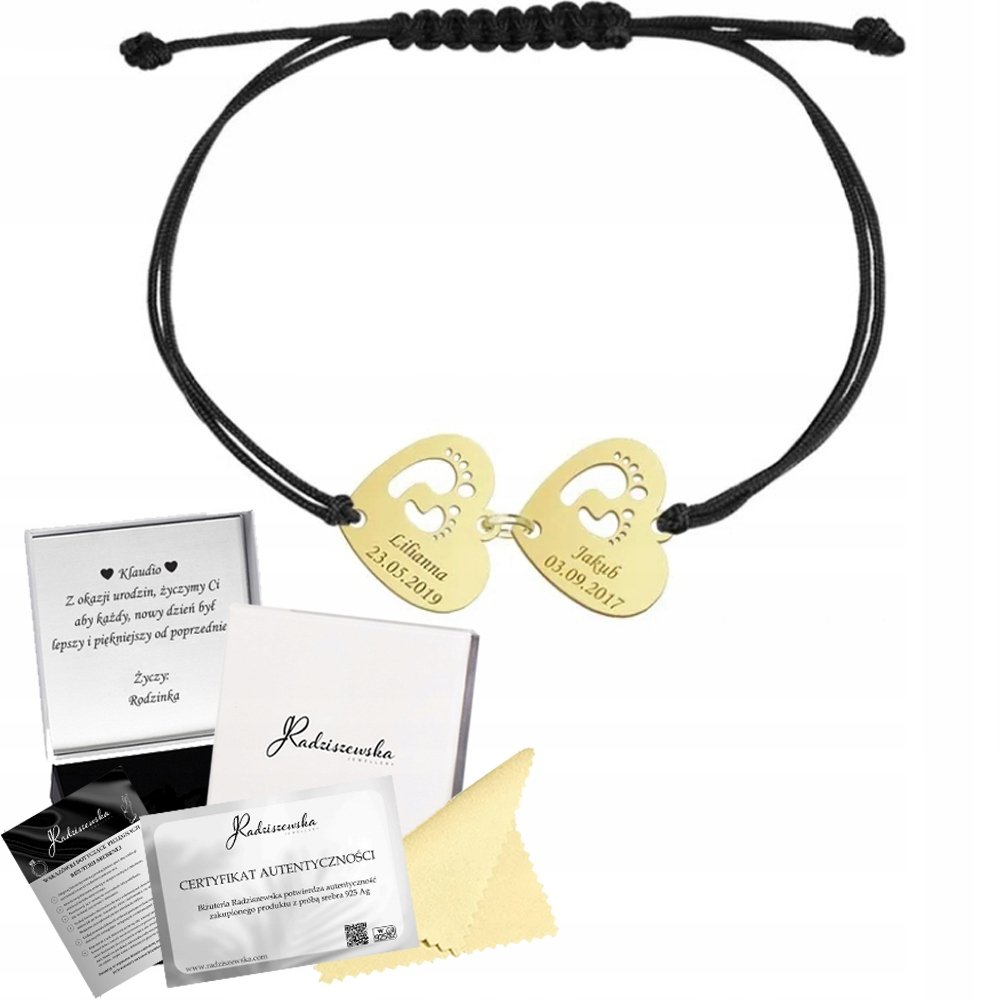 Bransoletka Złota Serce Stópki Srebro 925 Grawer Sznurek Biżuteria Prezent