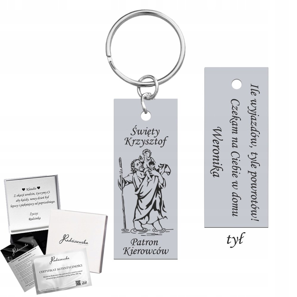 Brelok do Kluczy Święty Krzysztof z Grawerem Prezent Dzień Ojca ŻYCZENIA