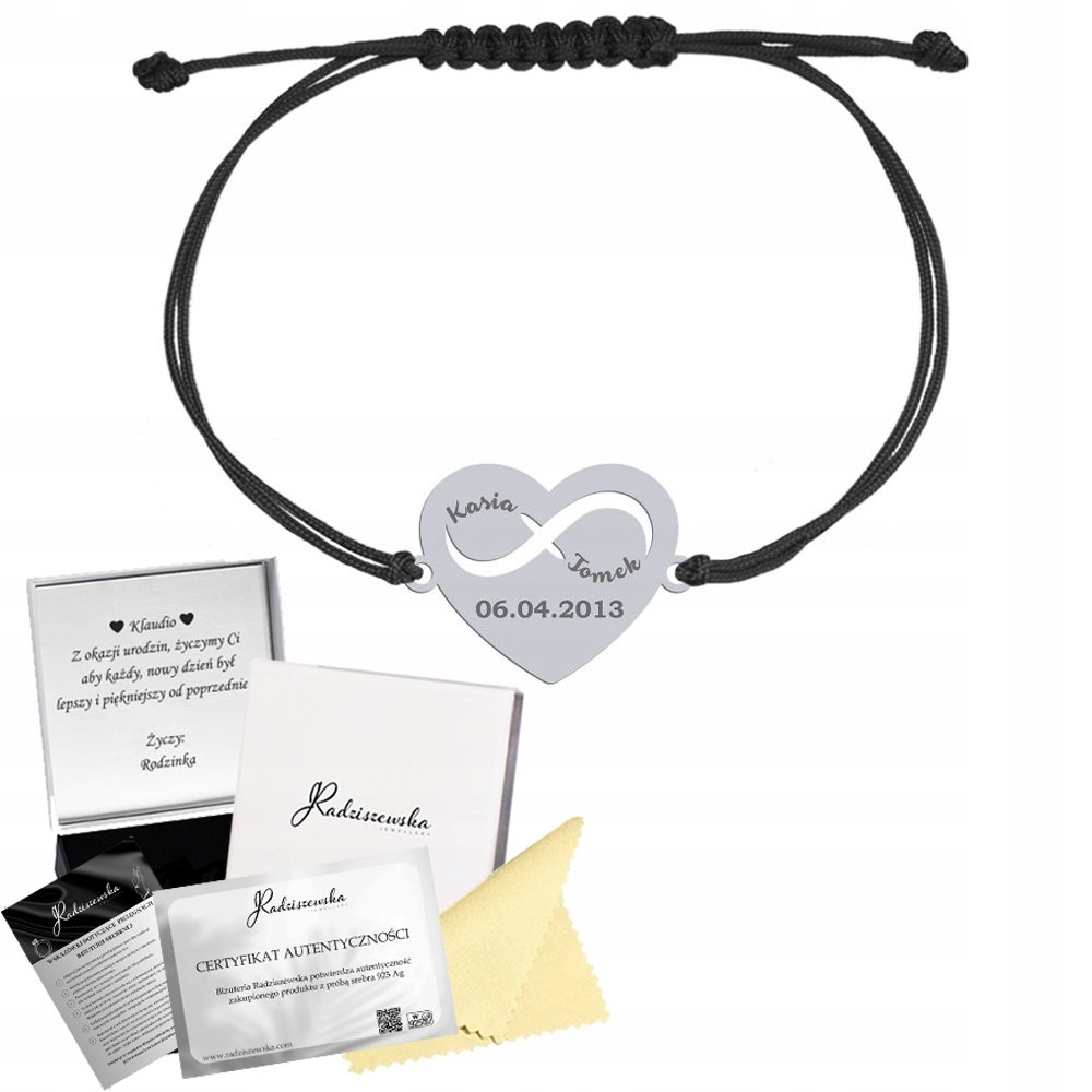 Bransoletka Srebrna z Imionami Serce Biżuteria Rocznica Prezent 925 GRAWER