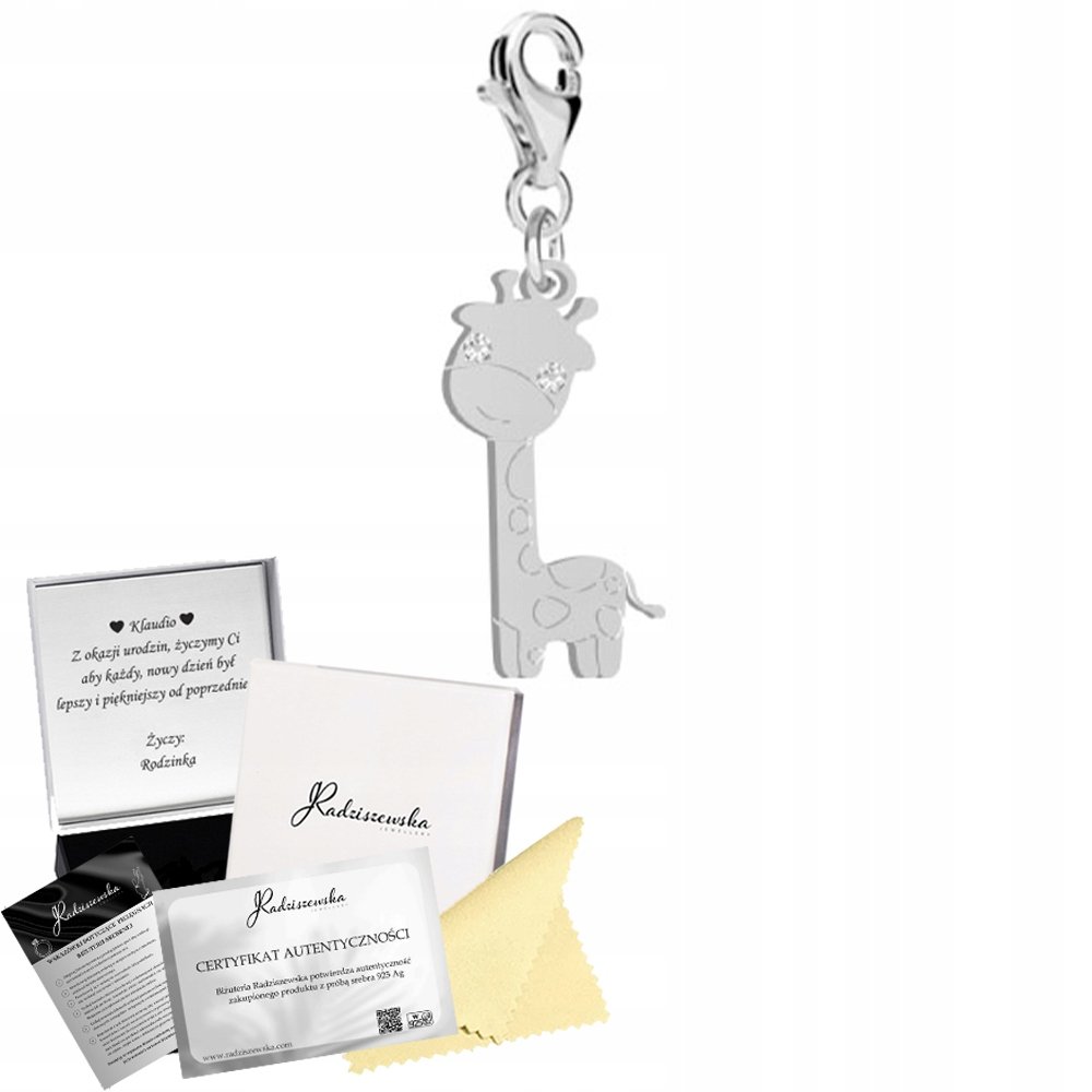 Charms Srebrny ŻYRAFA Karabińczyk SREBRO 925 Prezent DEDYKACJA GRATIS