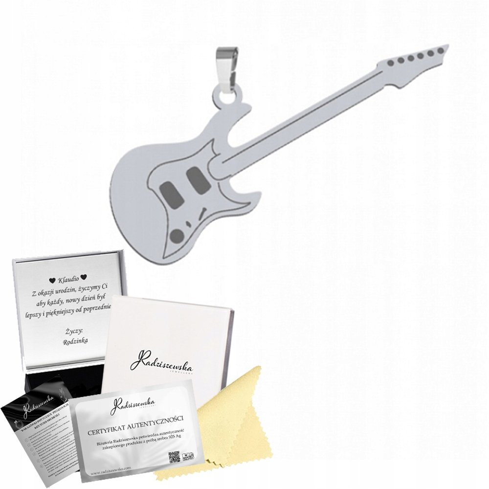 Zawieszka Srebrna z Gitarą Elektryczną Prezent dla Muzyka GRAWER GRATIS