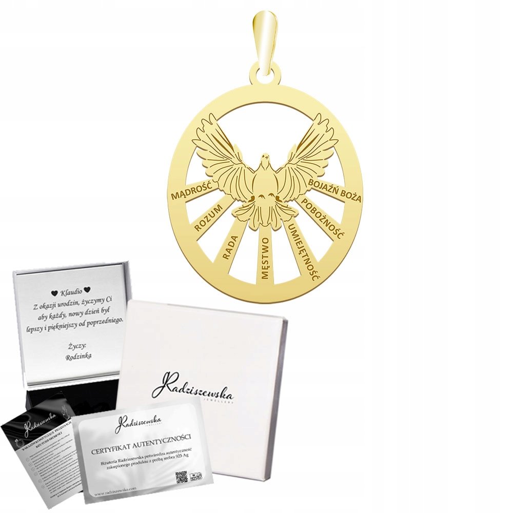 Złota Zawieszka na Bierzmowanie Duch Święty Prezent Biżuteria GRAWER GRATIS
