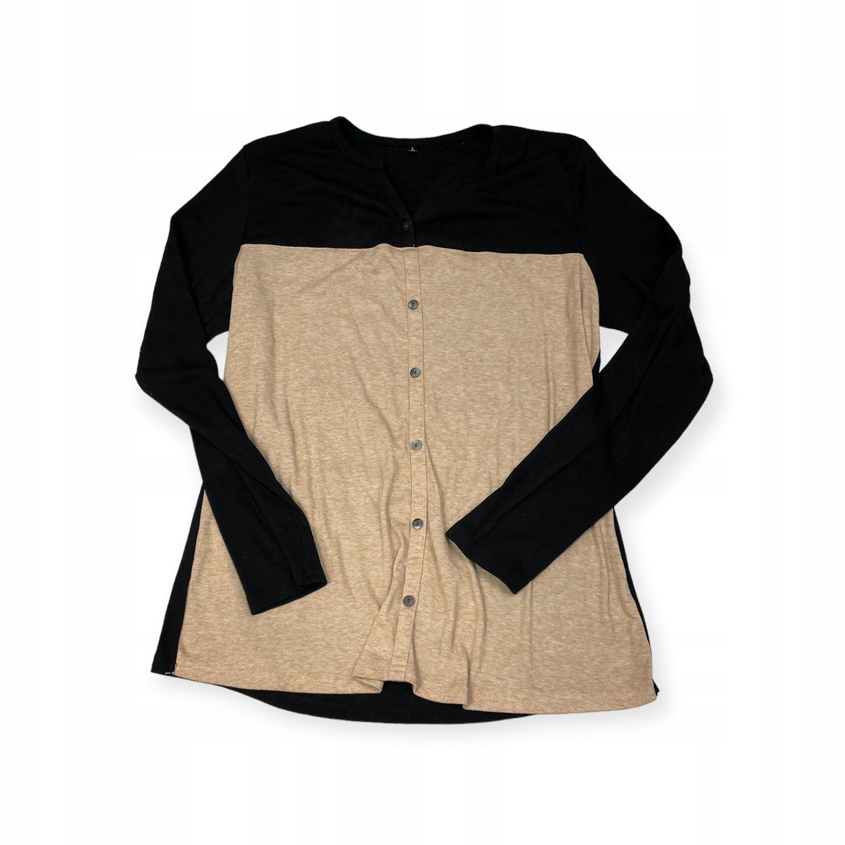 Bluzka damska z długi rękaw beżowo-czarna guziki L