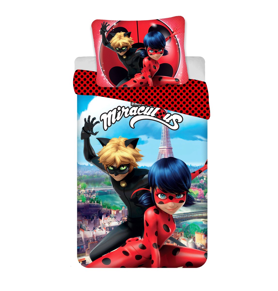 Pościel 140x200 Biedronka i Czarny Kot Ladybug Miraculous czerwona w czarne kropki JF24
