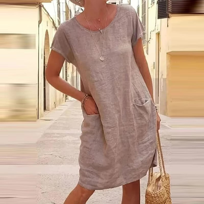 Sukienka boho na krótki rękaw z okrągłym dekoltem - Beżowy