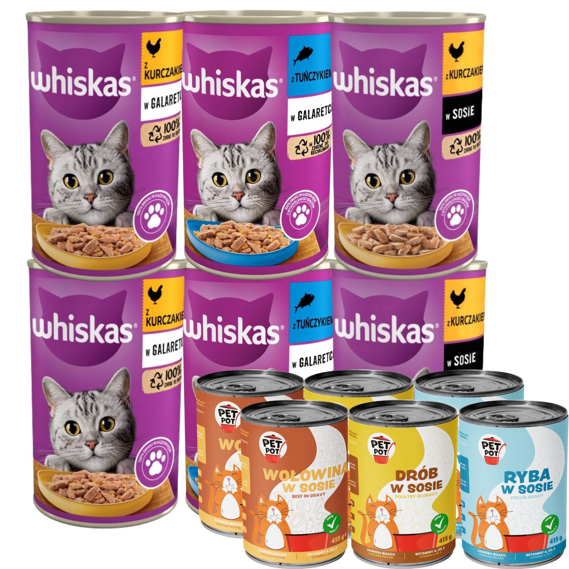 WHISKAS Karma mokra dla KOTA Mix smaków puszka + PetPot 12x400g