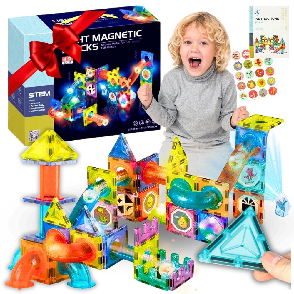 Komplet 75 Szt Klocki Konstrukcyjne Magnetyczne Tory Kulkowe Świecące Ledy