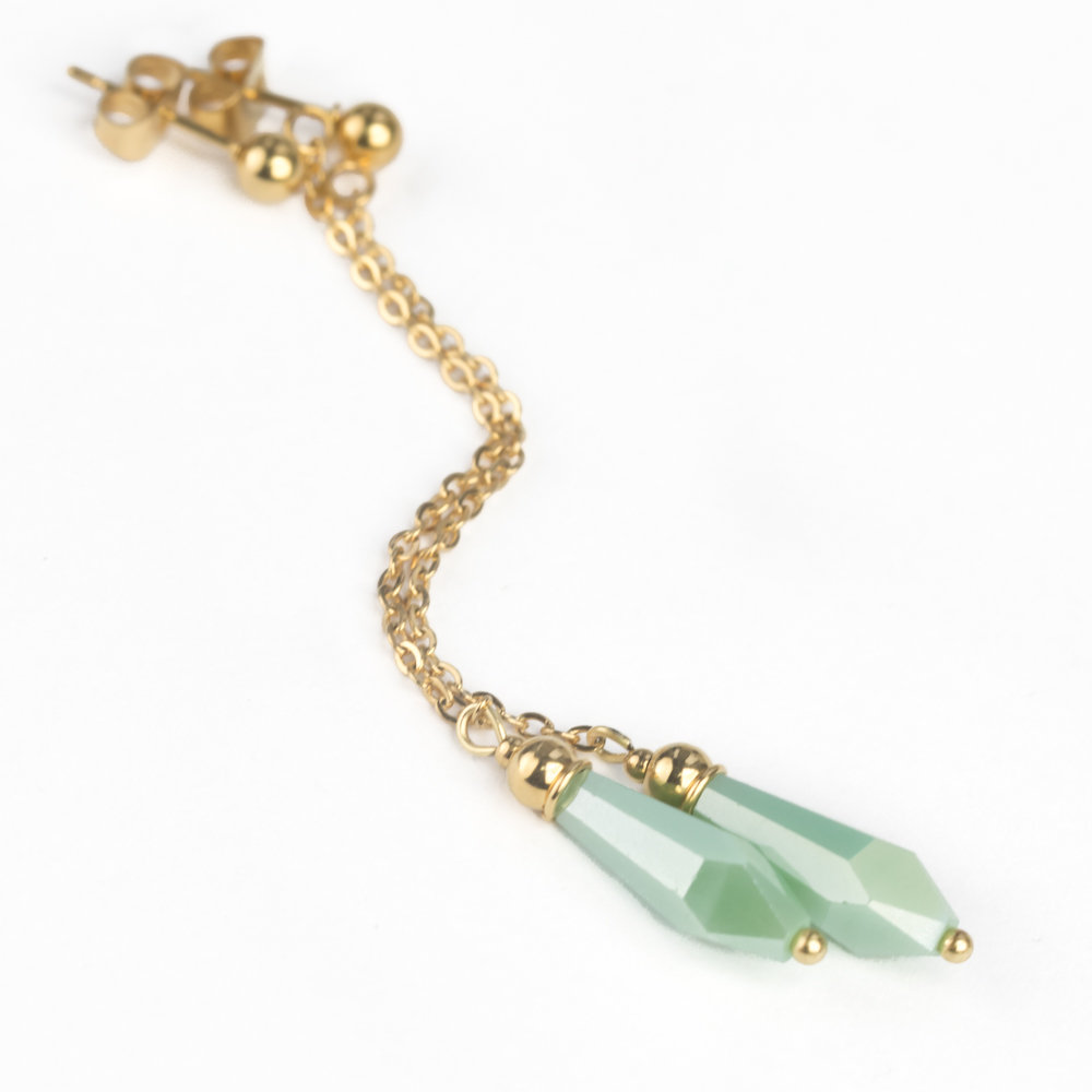 Kolczyki sztyfty miętowe kryształki, stal chirurgiczna pozłacana, długie / JG. Projekt