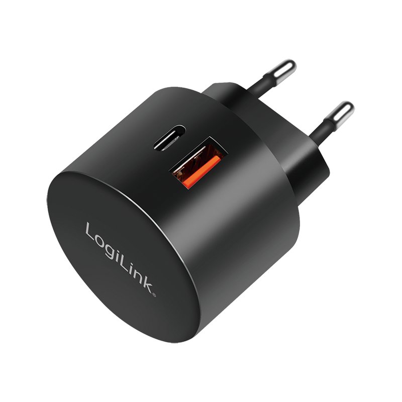 Podwójny adapter USB LogiLink, 1x USB-C PD, 1x USB-A QC, 20W  okrągły czarny