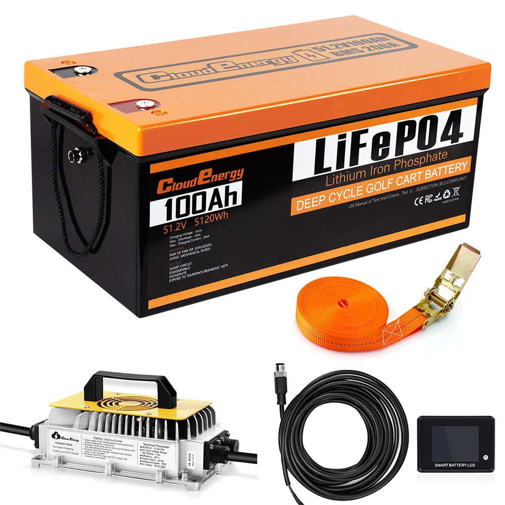 Bateria LiFePO4 do wózków golfowych Cloudenergy 48V(51,2V) 100Ah, z ładowarką 20A, energią 5120Wh, BMS Bluetooth 200A