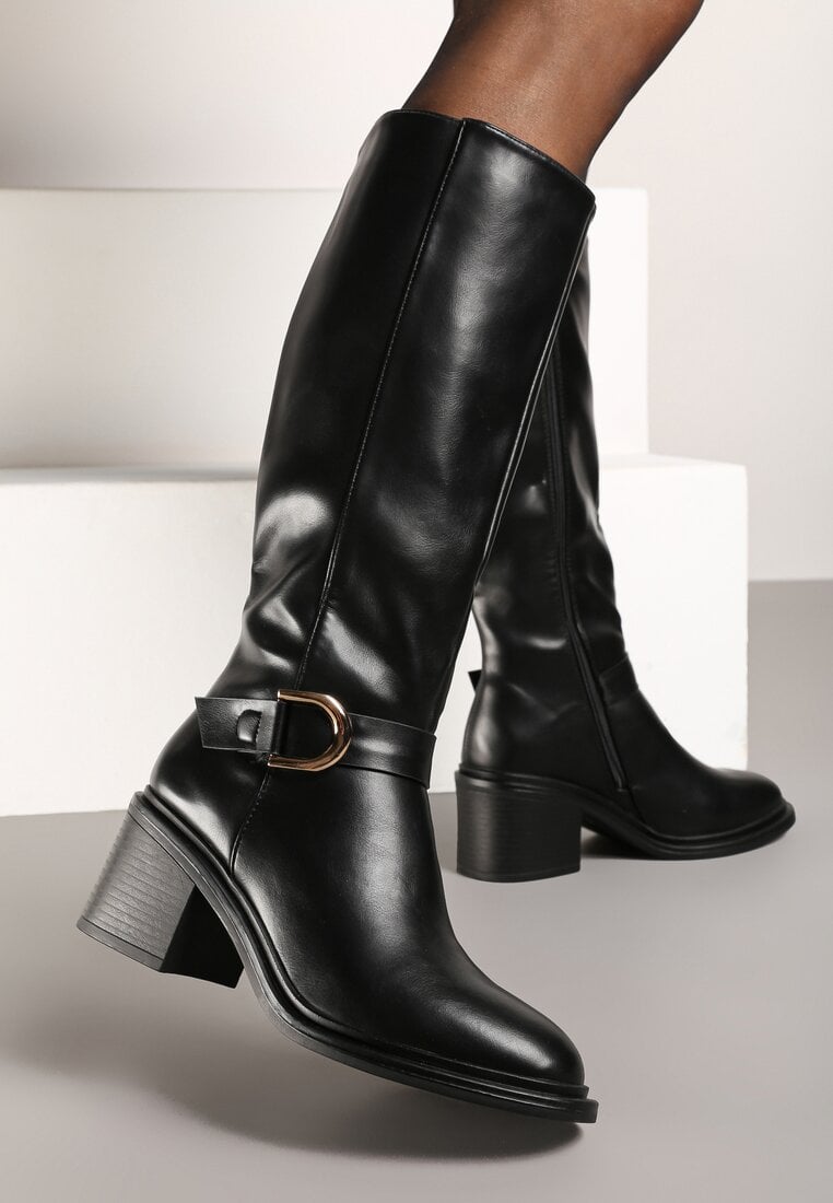 Czarne Kozaki na Słupku z Ozdobną Klamrą i Paskiem Miavirae