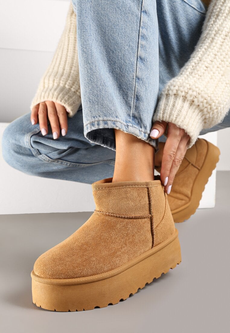 Brązowe Śniegowce w Panterkę na Platformie Ozdobionej Tłoczeniem z Niską Cholewką Inarinne