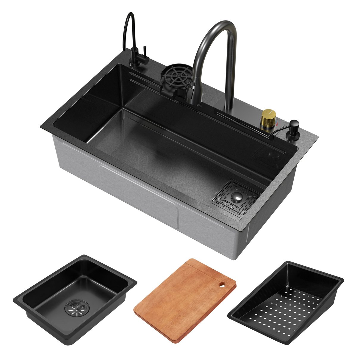 Wbudowany wielofunkcyjny zlewozmywak kuchenny z główką prysznicową 75x46 cm antracyt