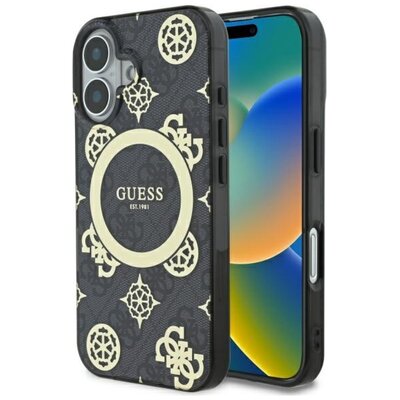 Etui GUESS IML Peony On 4G Background MagSafe do Apple iPhone 16 Czarny | Bezpłatny transport