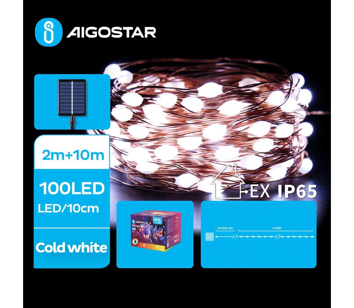 Aigostar - LED solarny łańcuch świąteczny 100 LED/8 funkcji 12m IP65 zimna biel