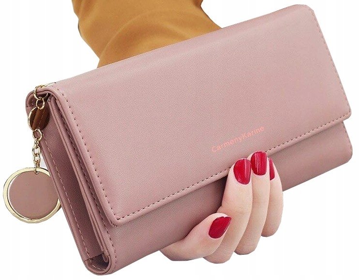 Duży Portfel Damski Pink Skórzany Brelok Pojemny