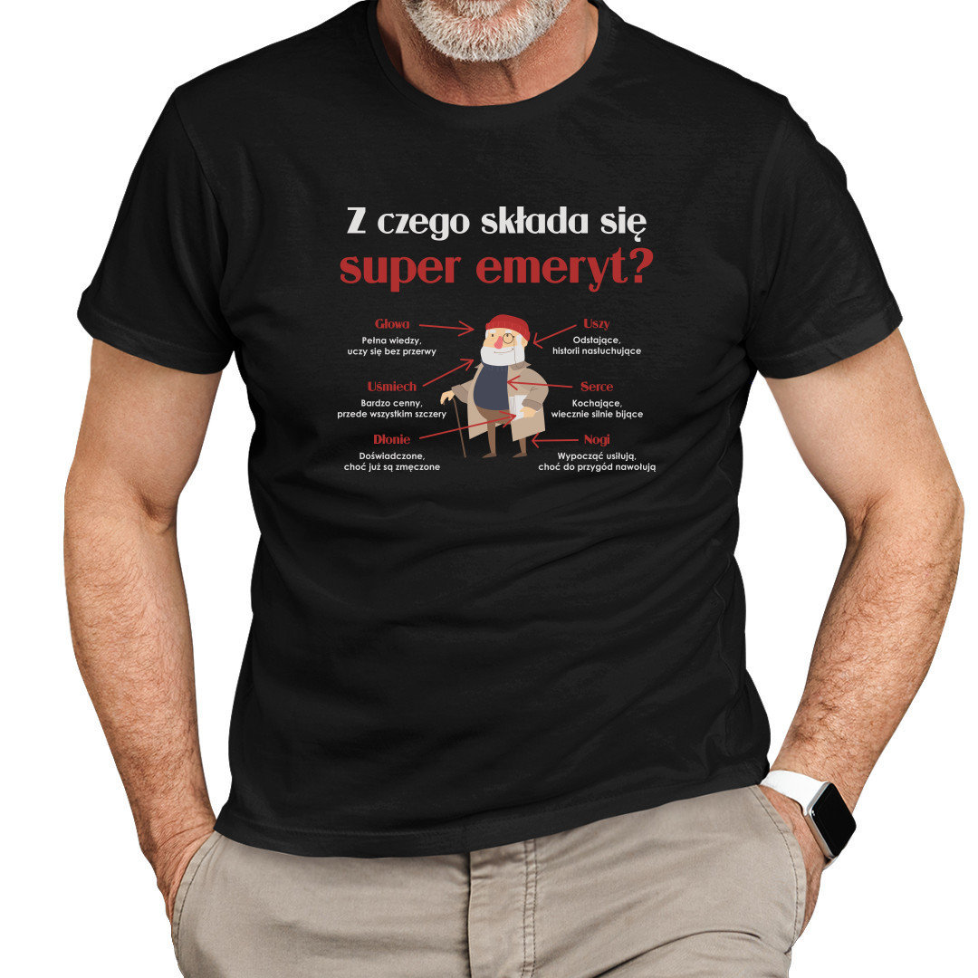 Z czego składa się super emeryt? - męska koszulka na prezent dla emeryta