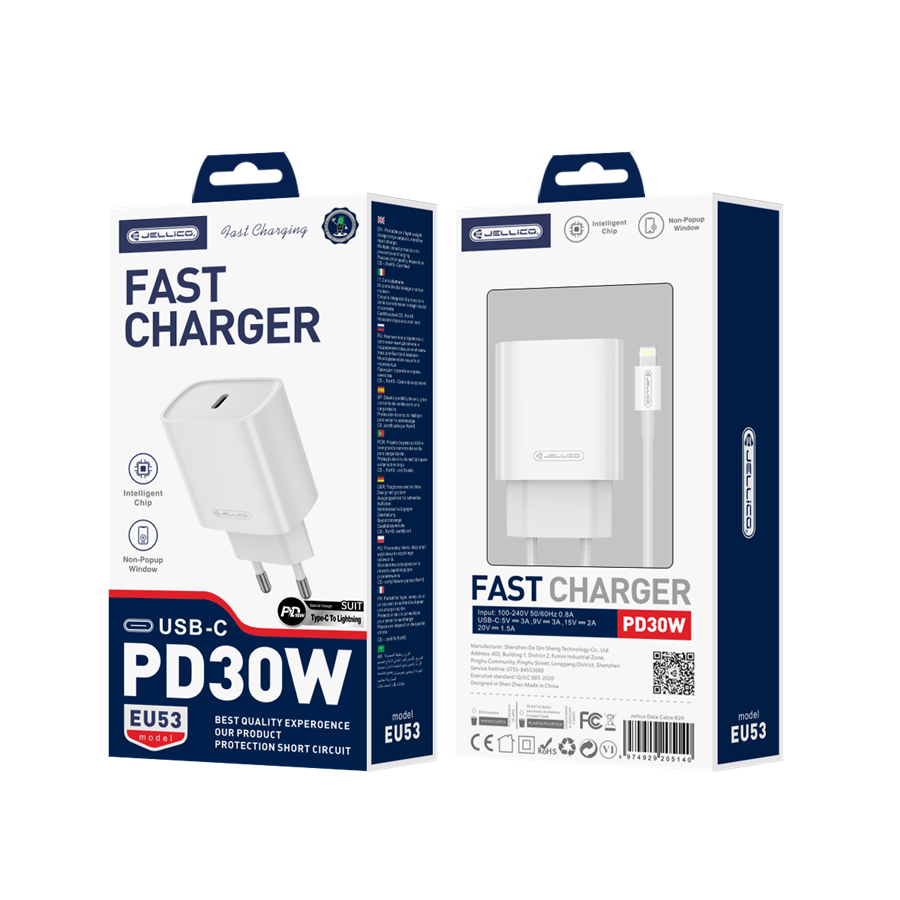 JELLICO ładowarka sieciowa EU53 PD 30W 1xUSB-C + kabel USB-C - Lightning Biały