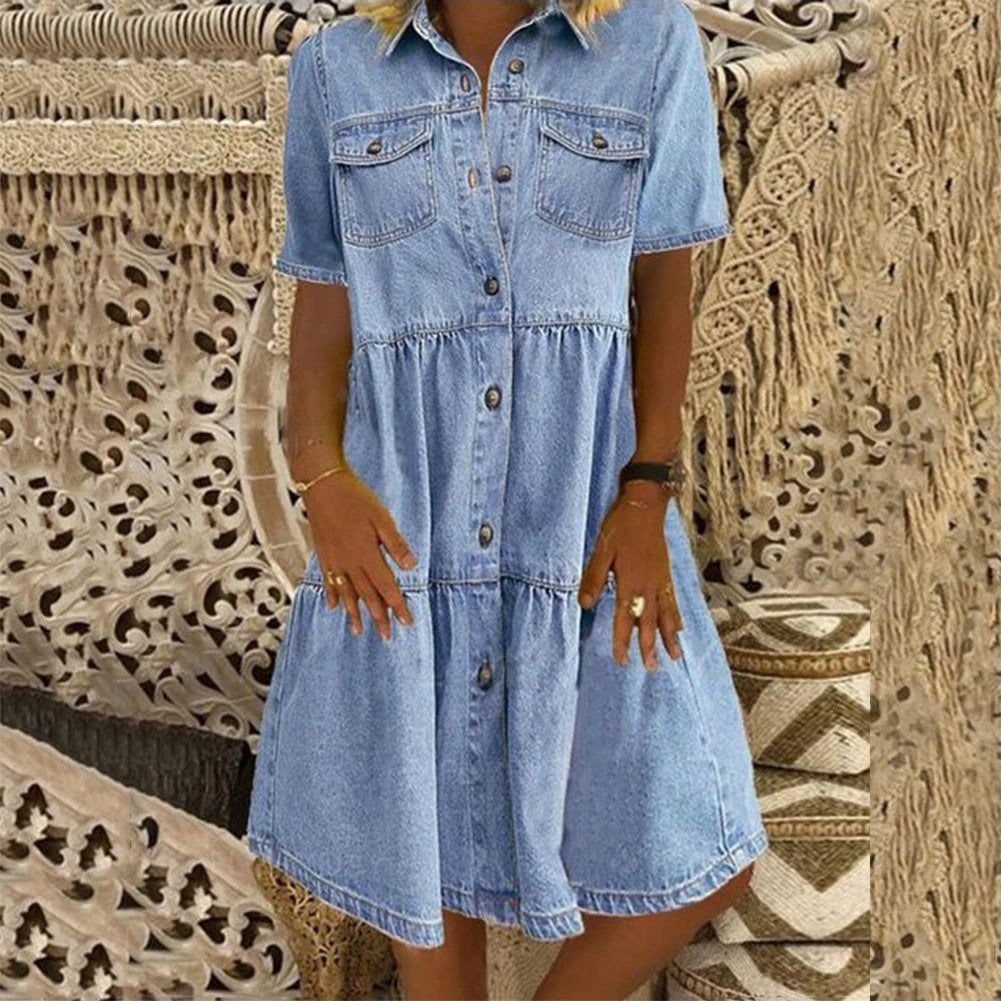 Sukienka szmizjerka jeansowa casualowa na krótki rękaw - Niebieski