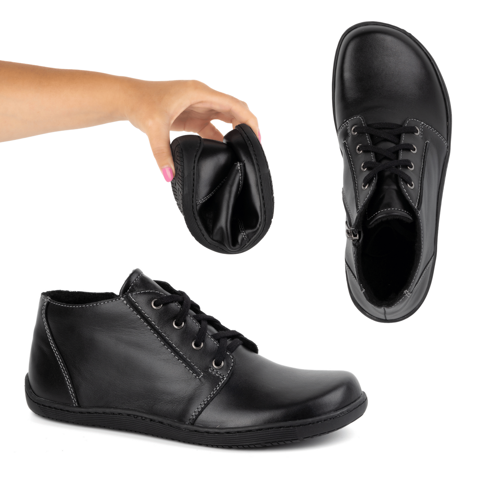 Buty damskie skórzane BAREFOOT lekko ocieplone za kostkę z zamkiem 787 czarny - Buty Olivier