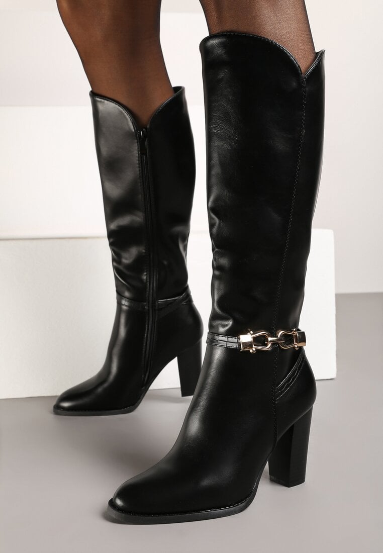 Czarne Kozaki na Słupku Muszkieterki z Klamerką Vortilina