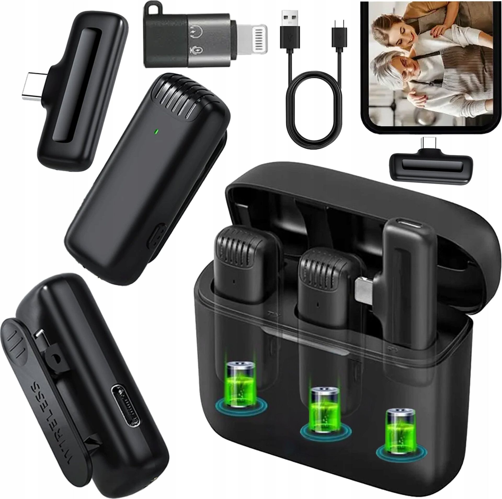 Mikrofon Slayo 2x Mikrofon Krawatowy Bezprzewodowy Do iPhone Android PC USB-C+Lightning