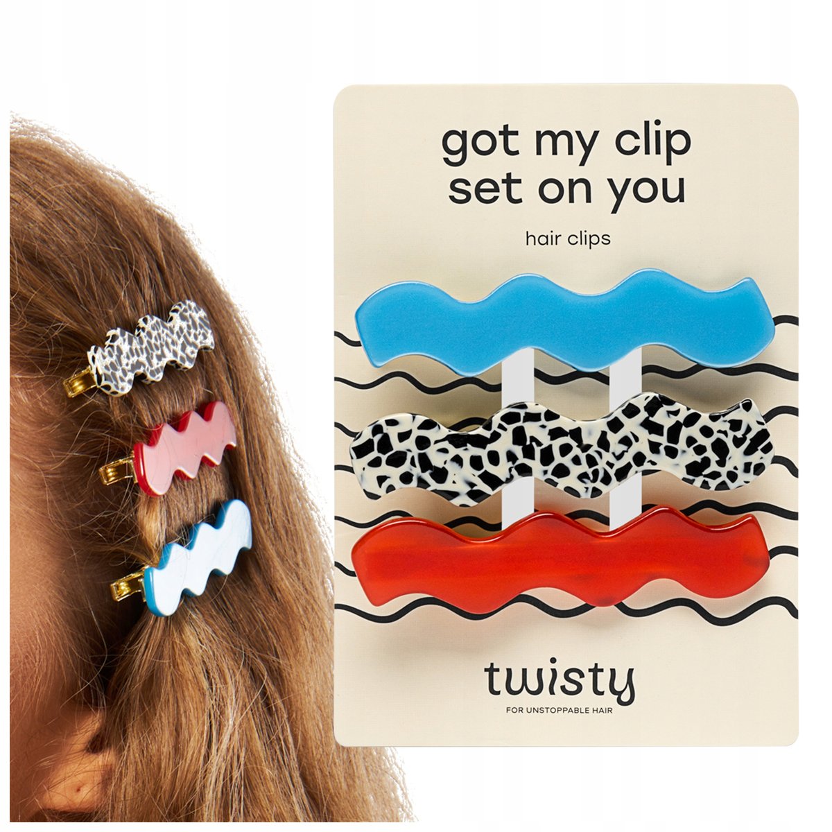 Zestaw falowanych spinek do włosów - marmurkowa, niebieska, czerwona Twisty 3 szt.