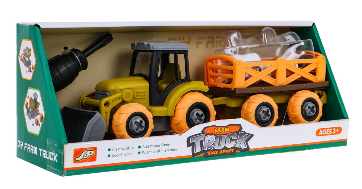 DLA DZIECI ROZKRĘCANY TRAKTOR Z ŁYŻKĄ I PRZYCZEPĄ AKCESORIA