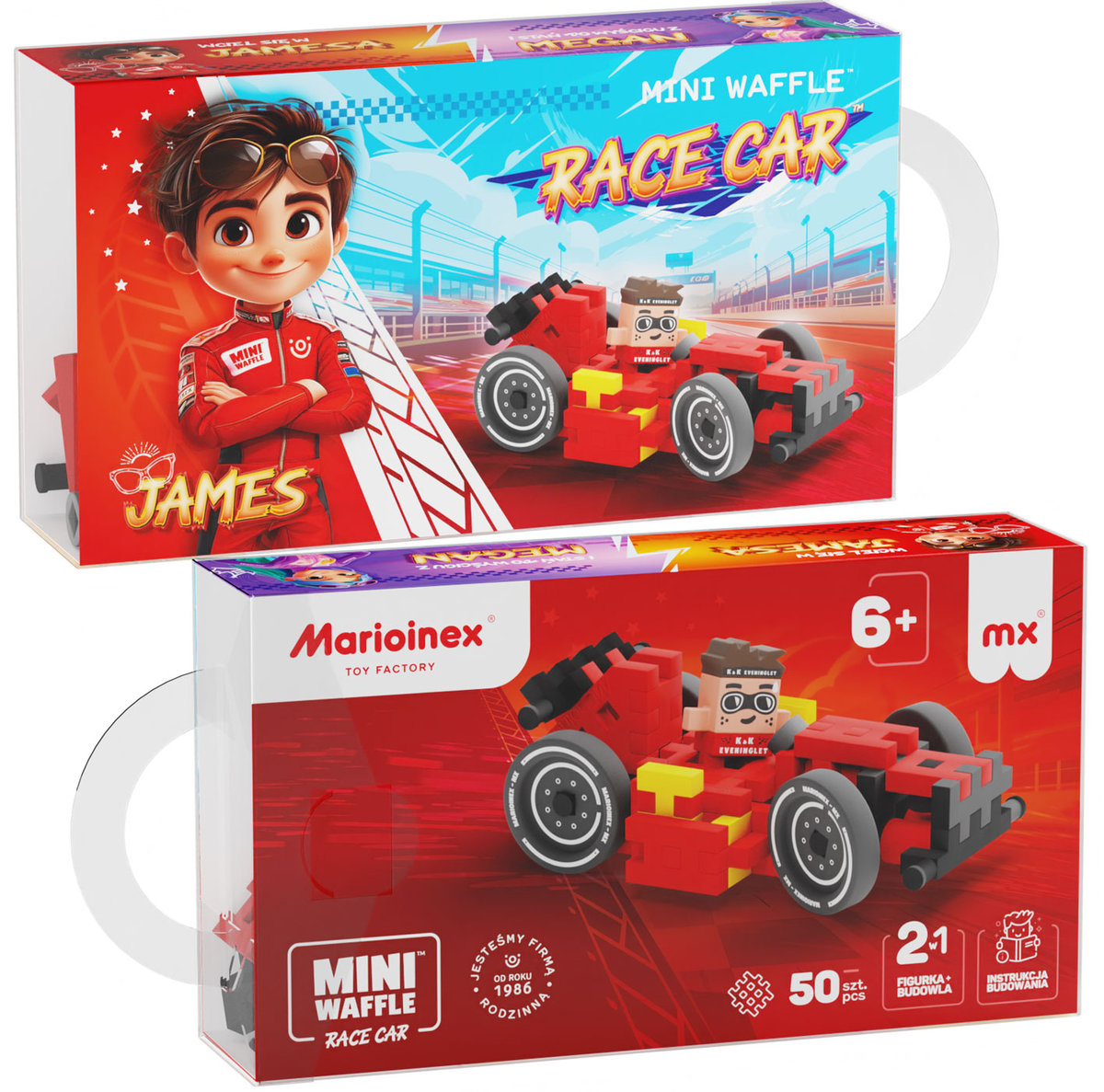 Marioinex Waffle Mini Samochody Race Car, James, 50 el,Red, wyścigi, 2w1