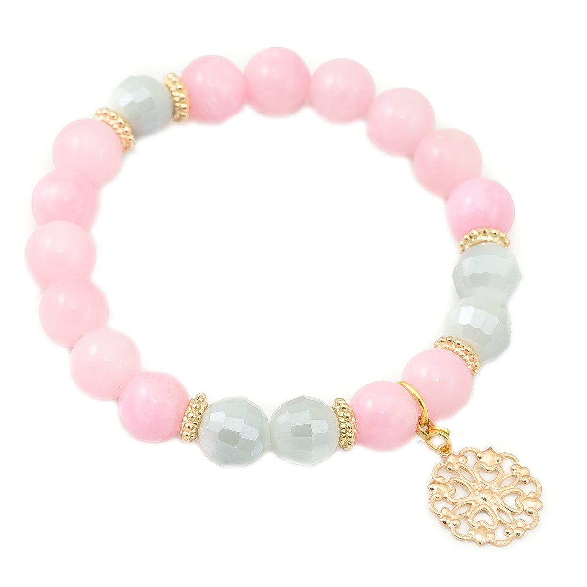 Bransoletka różowy jadeit, kryształki, zawieszka rozeta / JG. Projekt