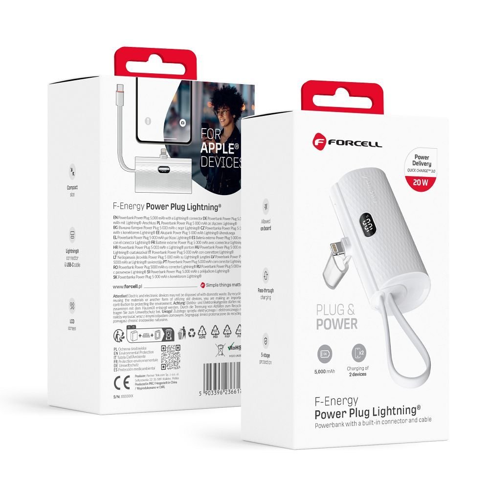 FORCELL F-ENERGY Power Plug F5K3 powerbank 5 000mAh z wbudowanym złączem do Lightning 8-PIN PD 20W biały