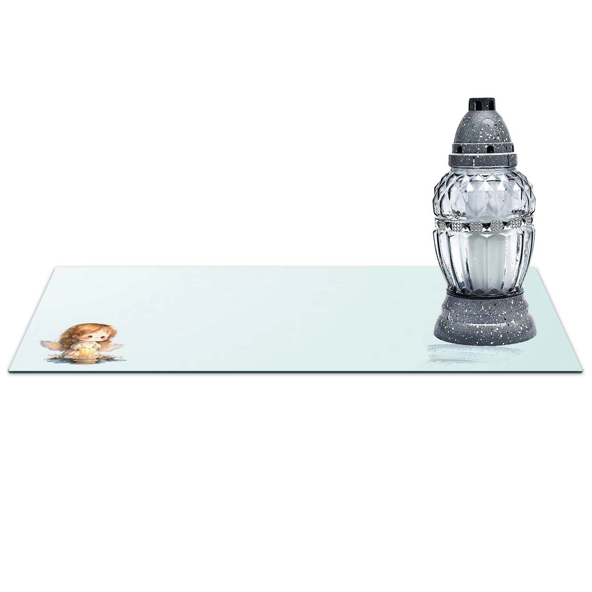 SZKLANA PODSTAWKA POD ZNICZE z dedykacją 60x30cm 555d Aniołek na przezroczystym tle