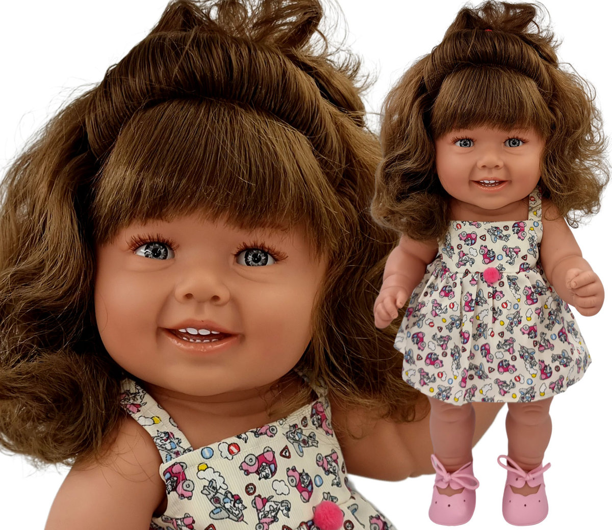 MANOLO HISZPAŃSKA LALKA DIANA 47CM 5295 BRUNETKA KRĘCONE BIAŁA SUKIENKA S