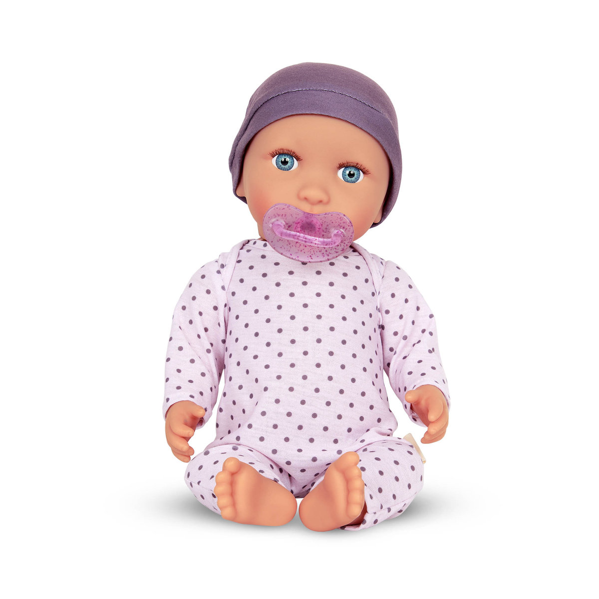 Lalka niemowlę ze smoczkiem w pidżamce w kropeczki i czapeczce LullaBaby