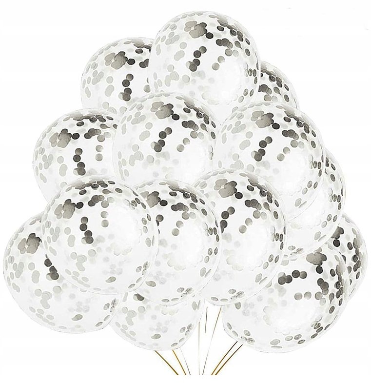 BALONY DUŻE z KONFETTI SREBRNYM 10szt dekoracje na urodziny chrzest ślub