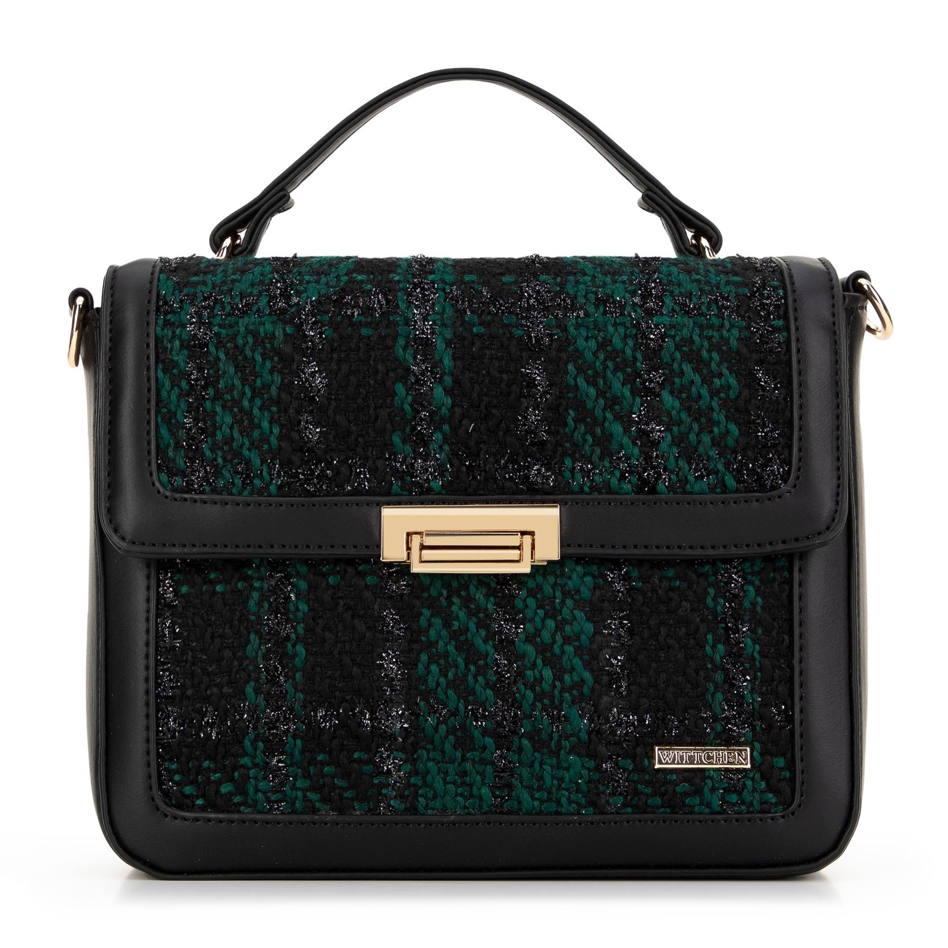 Damska torebka crossbody z tkaniny bouclé czarno - zielona