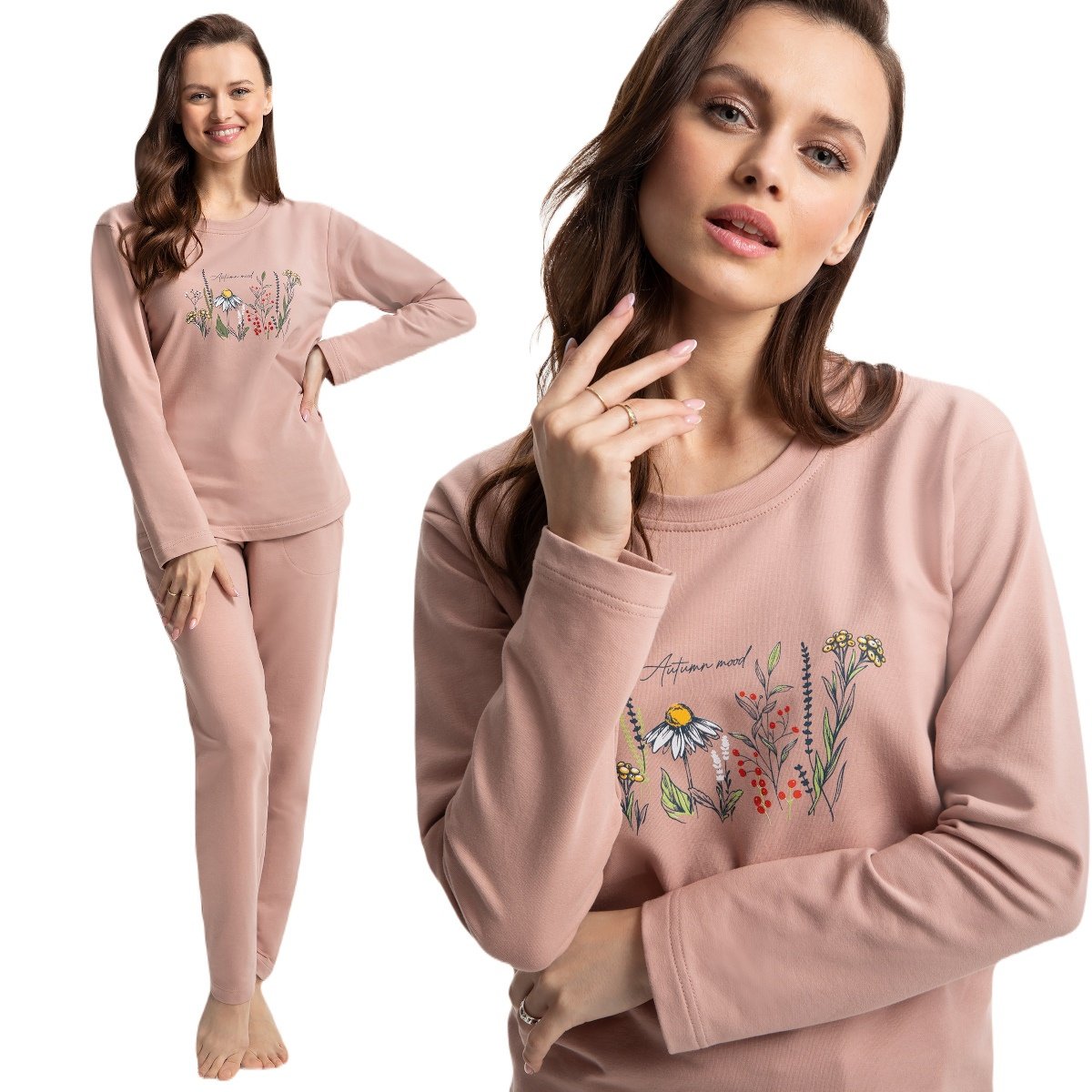 Dres damski LUNA kod 312 pudrowy różowy z kwiatowym nadrukiem  XL