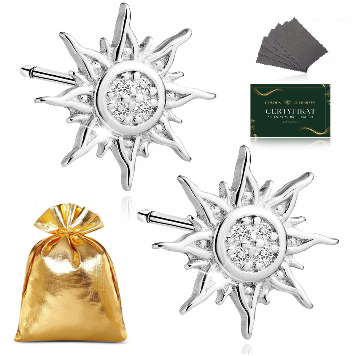 Srebrne Kolczyki Damskie 925 Rodowane Wkrętki Słoneczka+Cyrkonie Na Prezent