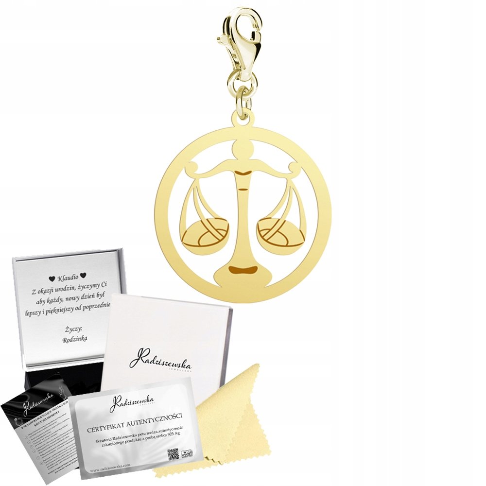 Charms Złoty Zodiak Waga Znak Zodiaku 925 Prezent Kobieta DEDYKACJA