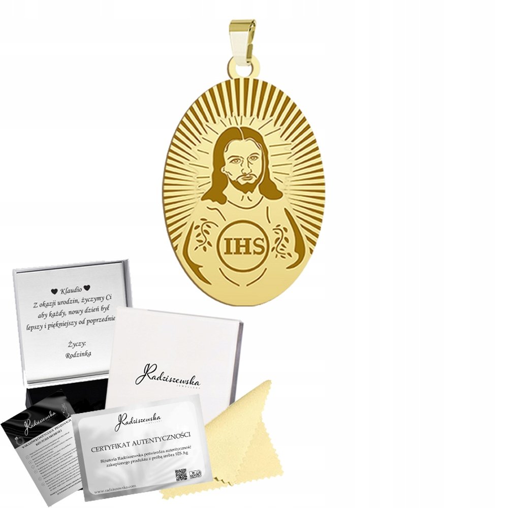 Złoty Medalik Pan Jezus Zawieszka SREBRO 925 Prezent KOMUNIA GRAWER