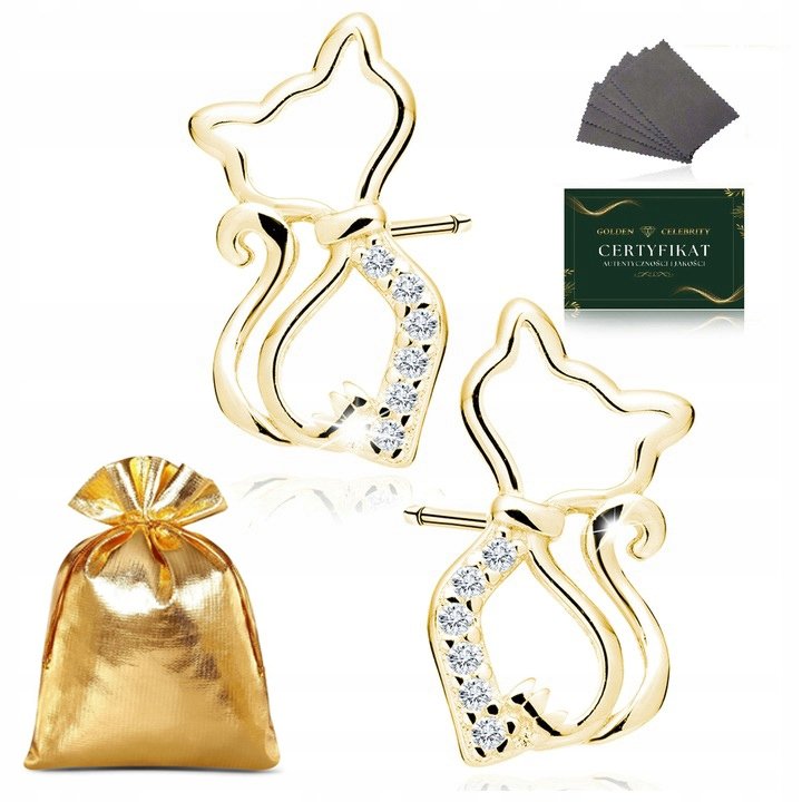 Złote Kolczyki Damskie Kotki Z Cyrkoniami Srebro 925 Pozłacane Na Prezent