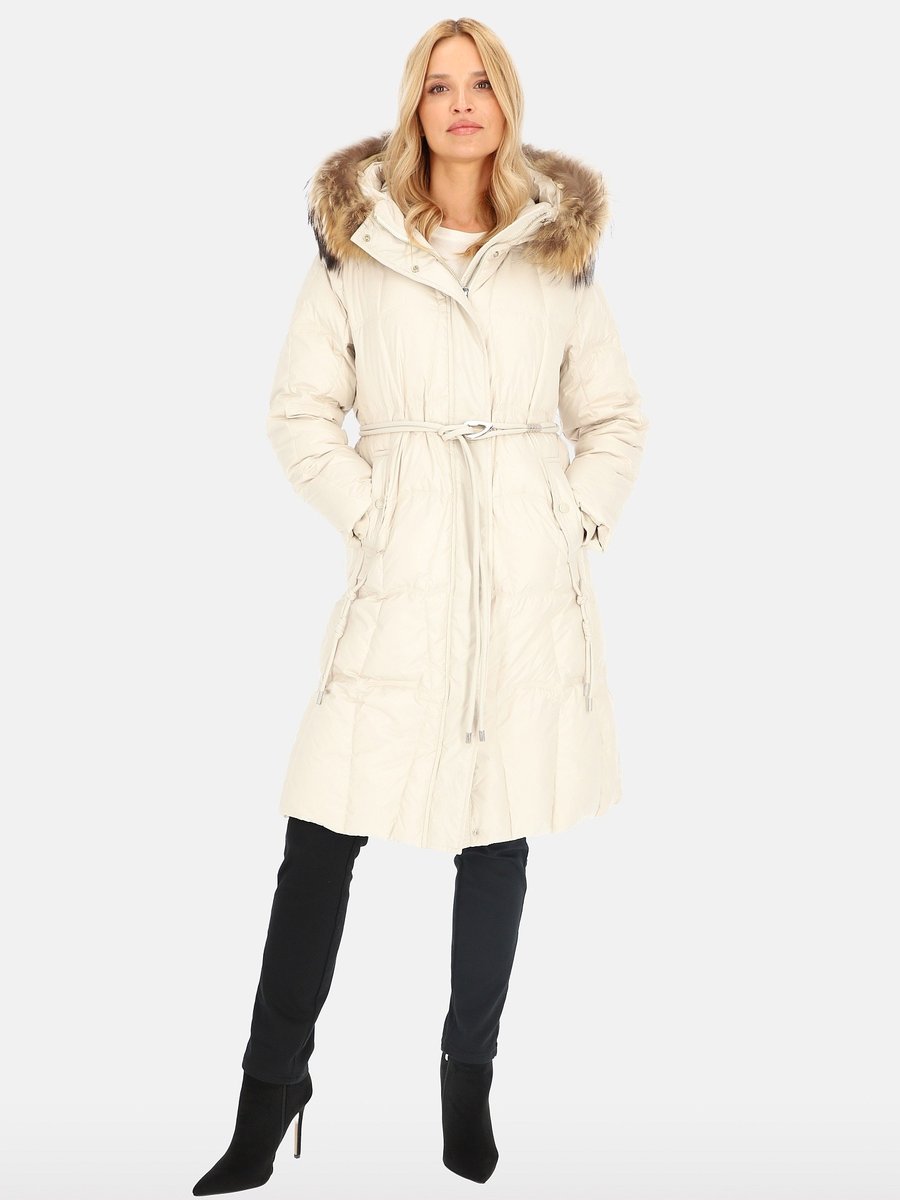Długi puchowy płaszcz damski z ozdobnym paskiem XL Jasno-beżowy