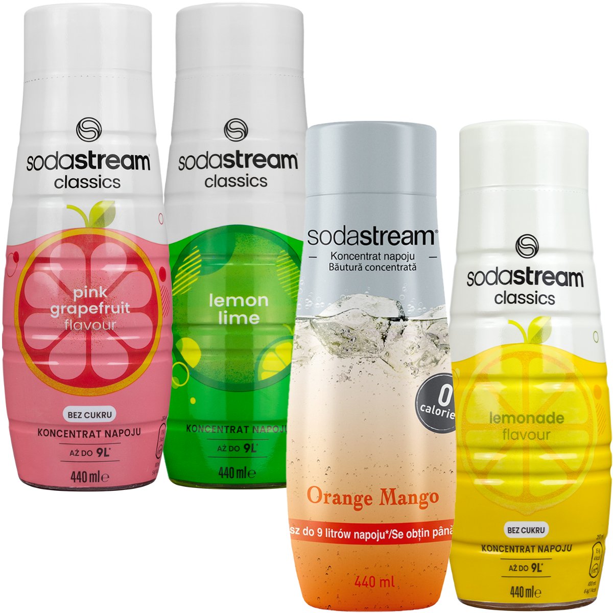 4x Syrop SodaStream Cytryna Limonka 440ml + Lemon Zero 440ml + Pink Grejpfruit Zero 440ml + Pomarańcza Mango zero cukru 440 ML