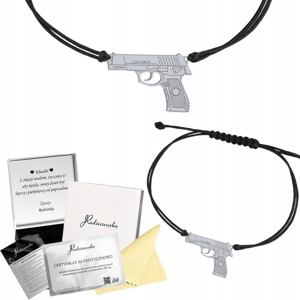Bransoletka Srebrna Pistolet Sznurek 925 Prezent Kobieta GRAWER GRATIS