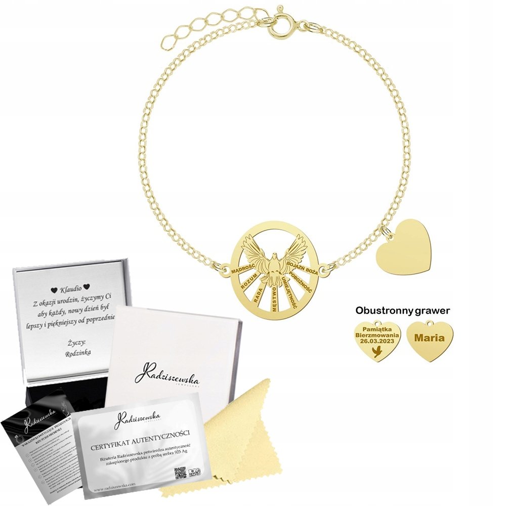 Bransoletka Złota Duch Święty 925 Serce Prezent Bierzmowanie GRAWER GRATIS