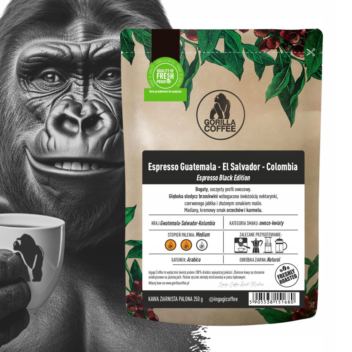 Kawa ziarnista Espresso Gwatemala Salwador i Kolumbia Blend 1 kg