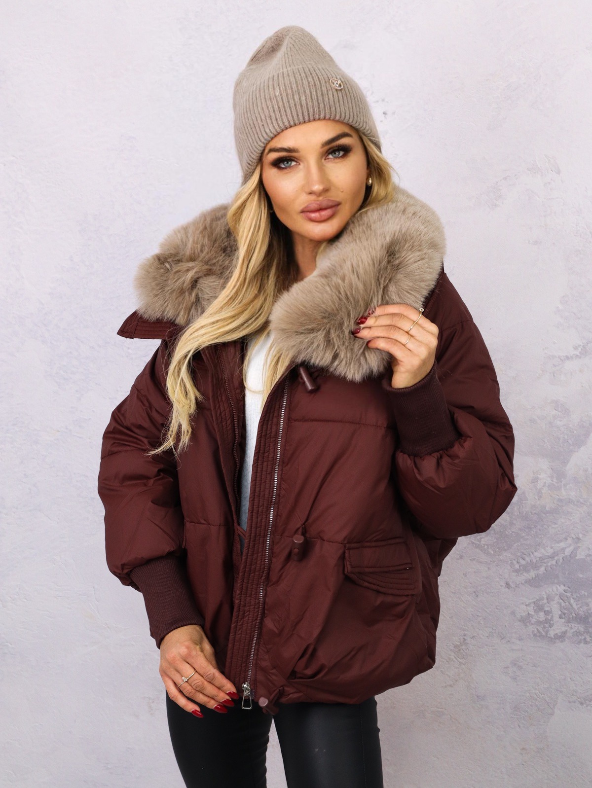KURTKA PUCHOWA OVERSIZE Z FUTERKIEM- BORDOWA - Olika