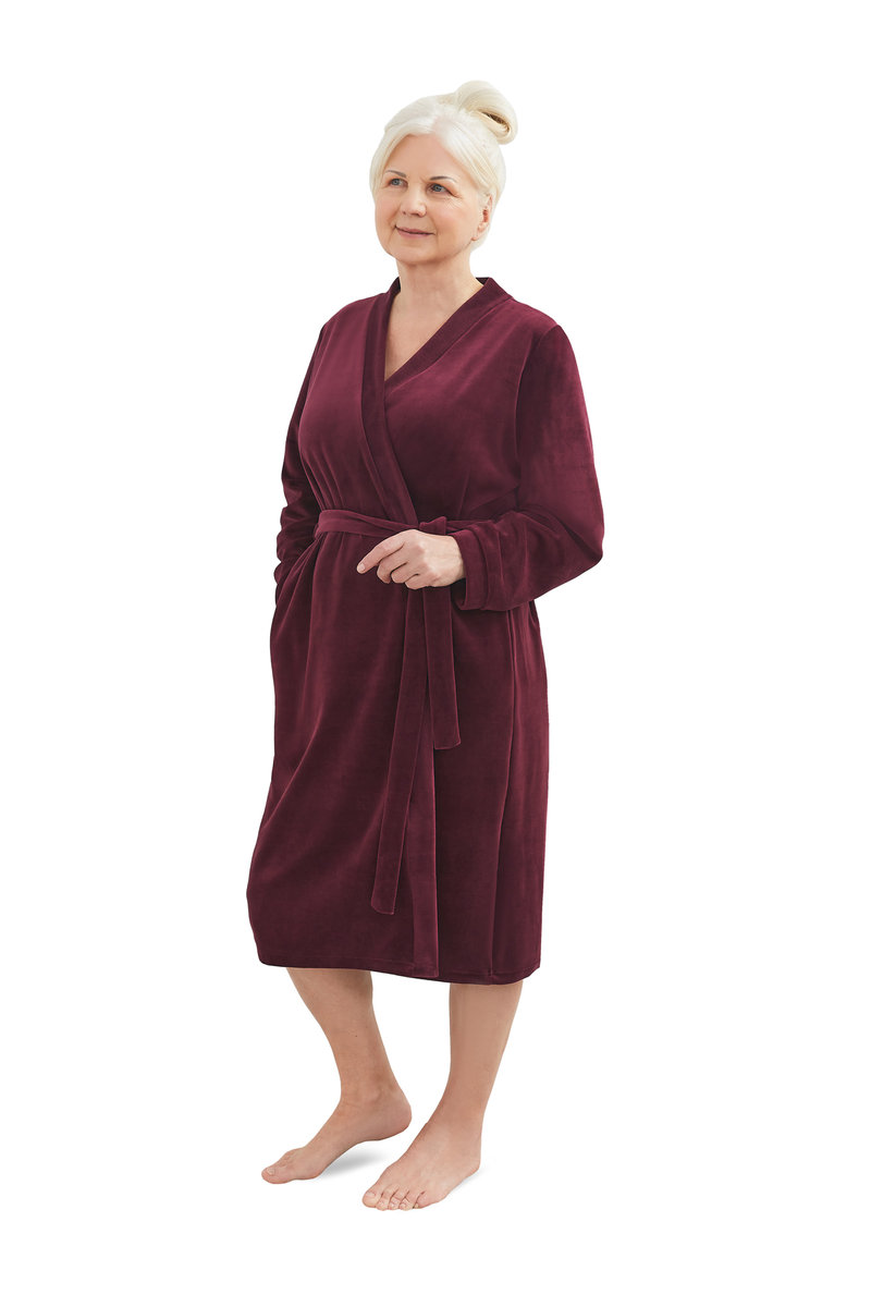 SZLAFROK DAMSKI XL/XXL ŚLIWKOWY CIEPŁY MIĘKKI DŁUGI ELEGANCKI WIĄZANY WELUR
